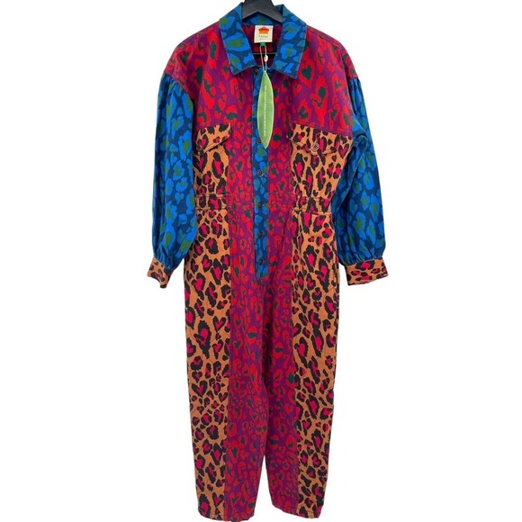 Farm Rio Small Mixed Leopard Pop Jumpsuit Coverall Size Small Cotton Denim Print - Picture 1 of 14